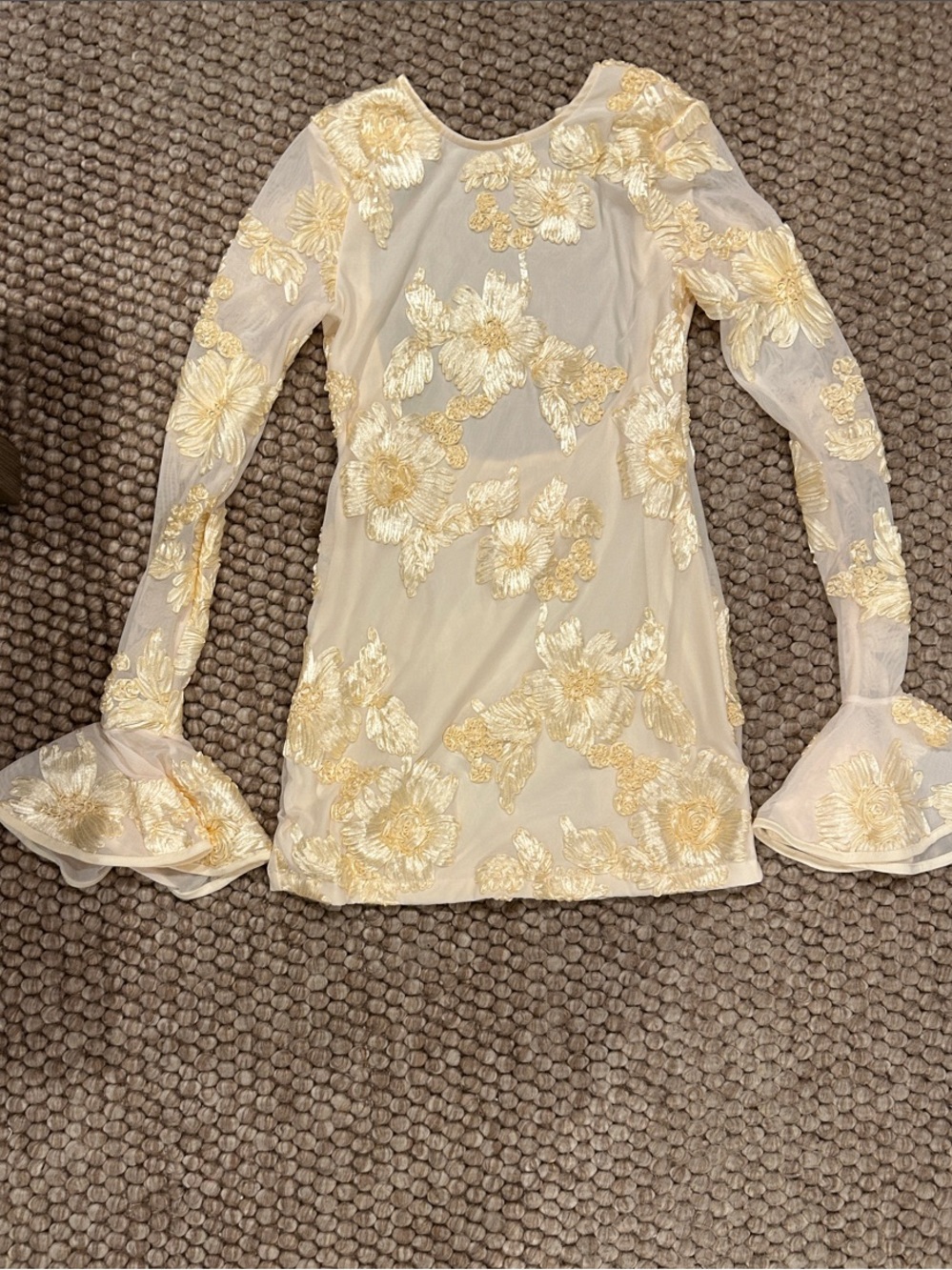 Women's Cream Mesh Long-Sleeve Dress with Gold Floral Appliqué